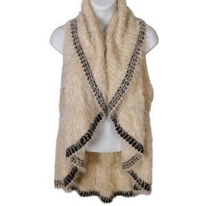 Leshop‎ Womens Beige Eyelash Knit Crochet Back Vest M/L Black Trim boho festive